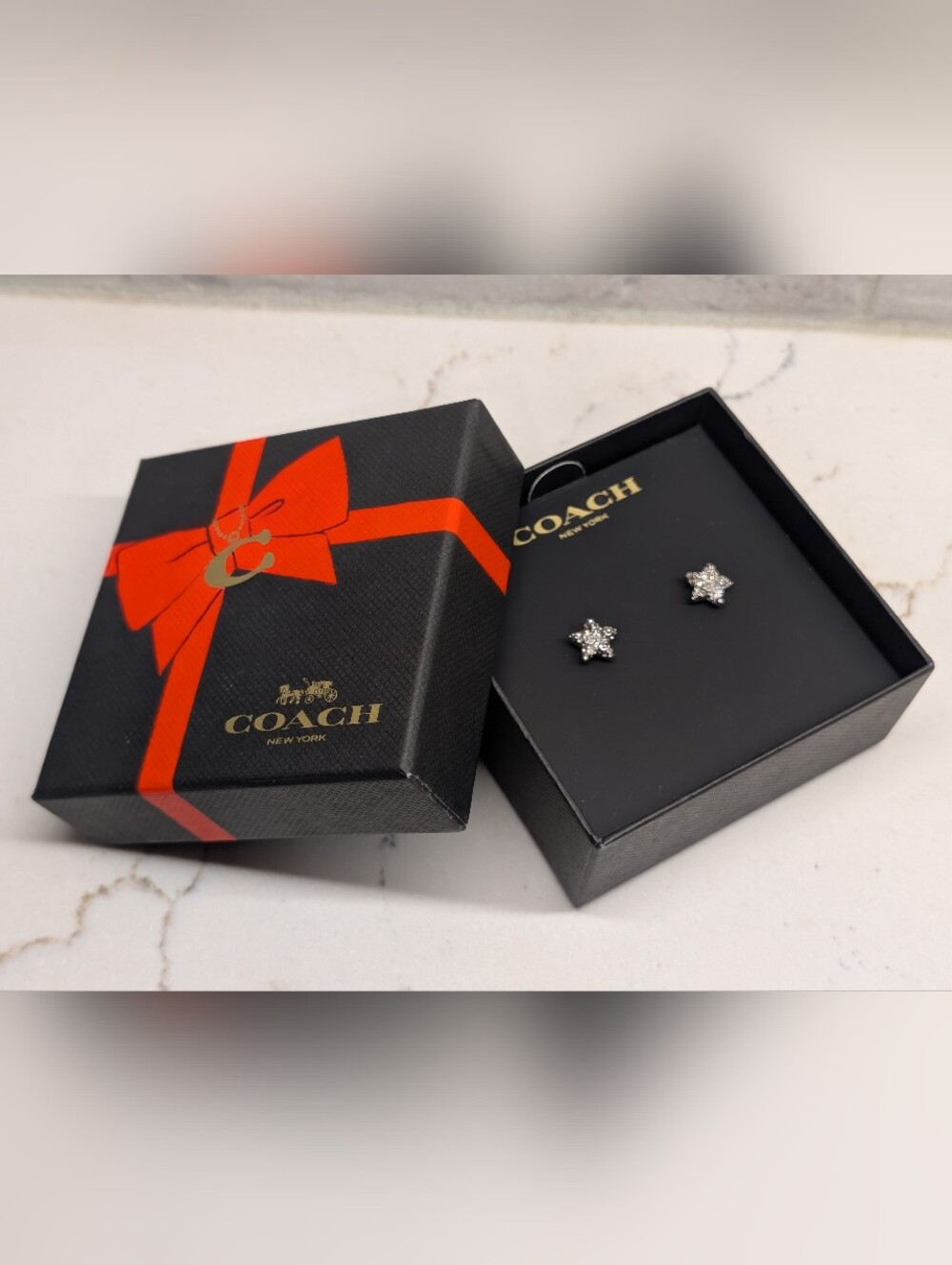 Coach Star Tea Rose Earrings - NWT - Brass/Titanium/Crystal - Picture 4 of 6